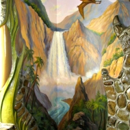 доисторический пейзаж с водопадом в интерьере