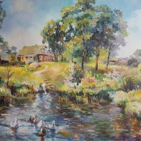 Гуси на пруду в деревне