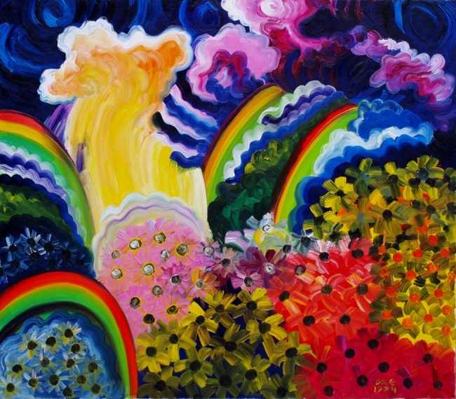 Радуги у водопада. Цветочные поляны. (Водопад Жигалан.  Холст, масло, 71-82.ю 1974. 