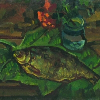 Натюрморт с рыбой на листьях
