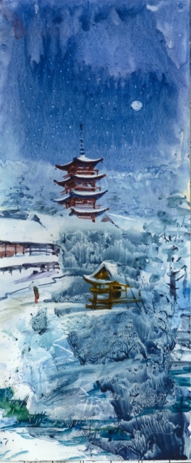 Япония.Пагода. Первый снег. Вечер.