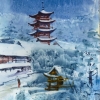 Япония.Пагода. Первый снег. Вечер.