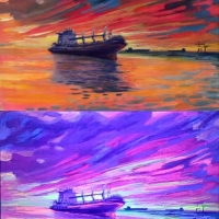 Сухогруз на закате. День и ночь. Проект «светофизика в живописи» ZhNataly. Светящаяся картина.
