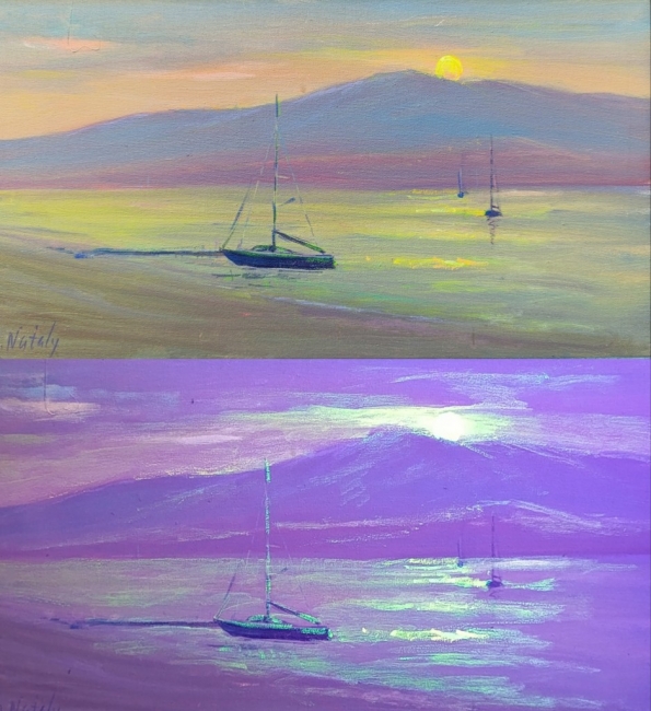 Нежный закат на побережье. Геленджик. День и ночь. Проект "светофизика в живописи"  ZhNataly, светящаяся картина