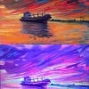 Сухогруз на закате. День и ночь. Проект «светофизика в живописи» ZhNataly. Светящаяся картина.